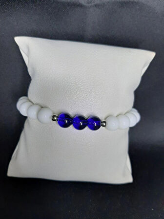 MRYart Beyaz Akik & Lacivert Cam Boncuk Unisex Elastik Bileklik (8 mm)