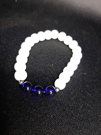 MRYart Beyaz Akik & Lacivert Cam Boncuk Unisex Elastik Bileklik (8 mm)