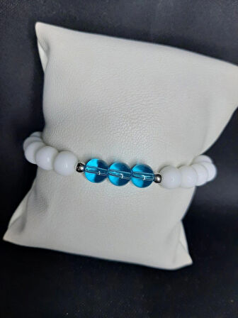 MRYart Beyaz Akik & Mavi Cam Boncuk Unisex Elastik Bileklik (8 mm)