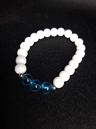 MRYart Beyaz Akik & Mavi Cam Boncuk Unisex Elastik Bileklik (8 mm)