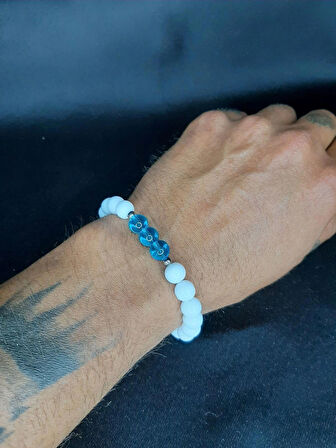 MRYart Beyaz Akik & Mavi Cam Boncuk Unisex Elastik Bileklik (8 mm)