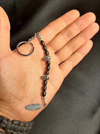 MRYart Oniks Taşı Boncuklu Kafatası Detaylı Anahtarlık - Metal Tüy Süslemeli