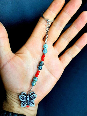 MRYart Kelebek Figürlü Kırmızı Boncuklu El Yapımı Anahtarlık