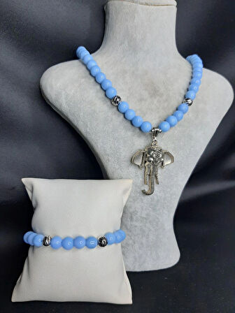 MRYart Mavi Cam Boncuk Tasarımı Kolye ve Bileklik Seti