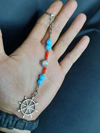 MRYart Mavi Cam ve Kırmızı Kum Boncuklu Denizci Anahtarlık
