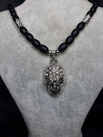 MRYart Parlak Taşlı Kafatası ve Oniks Taşı Kolye