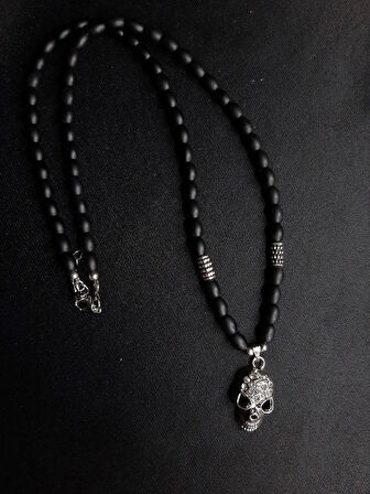 MRYart Parlak Taşlı Kafatası ve Oniks Taşı Kolye