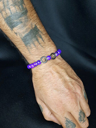 MRYart Mor Cam Boncuk Oniks Taşı Halkalar ve Sarı Boncuklu Bileklik