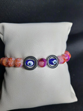 MRYart Pembe Cam Boncuk Oniks Taşı Halkalar ve Nazar boncuk Bileklik