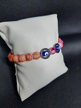 MRYart Pembe Cam Boncuk Oniks Taşı Halkalar ve Nazar boncuk Bileklik