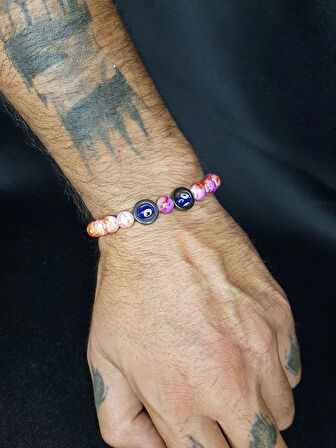 MRYart Pembe Cam Boncuk Oniks Taşı Halkalar ve Nazar boncuk Bileklik