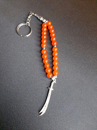 MRYart Kırmızı Cam Boncuklu Kılıç Figürlü Tesbih Anahtarlık & Çanta Aksesuarı