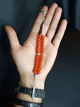 MRYart Kırmızı Cam Boncuklu Kılıç Figürlü Tesbih Anahtarlık & Çanta Aksesuarı