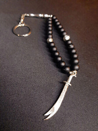 MRYart Oniks Taşlı Zülfikar Kılıç Detaylı Tesbih Anahtarlık / Çanta Süsü