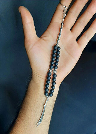 MRYart Oniks Taşlı Zülfikar Kılıç Detaylı Tesbih Anahtarlık / Çanta Süsü