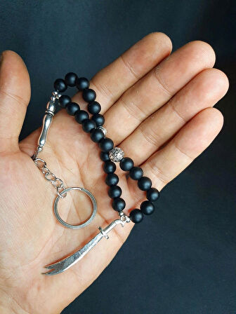 MRYart Oniks Taşlı Zülfikar Kılıç Detaylı Tesbih Anahtarlık / Çanta Süsü