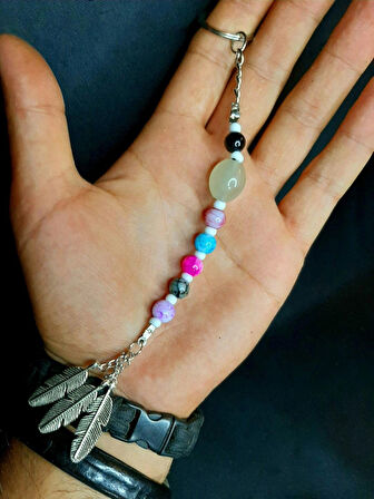 MRYart Fosforlu ve Renkli Boncuklu 3lü Tüğ Detaylı Anahtarlık / Çanta Aksesuarı