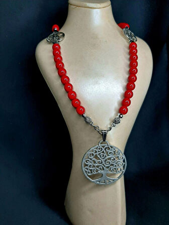 MRYart Kırmızı Cam Boncuk Kolye Hayat Ağacı Detaylı