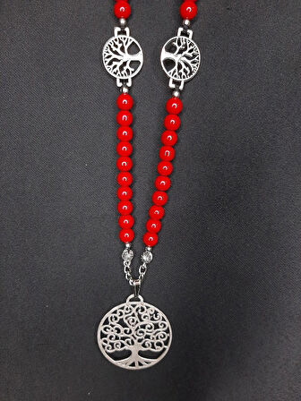 MRYart Kırmızı Cam Boncuk Kolye Hayat Ağacı Detaylı