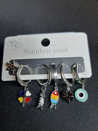 MRYart Gümüş Renk 6lı Çelik Küpe Set