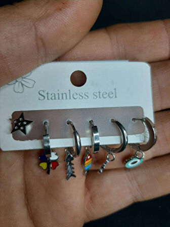 MRYart Gümüş Renk 6lı Çelik Küpe Set