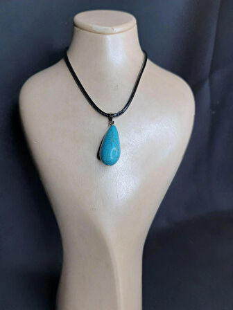 MRYart Mavi Turkuaz Taşı ve Suni Deri ip Kolye