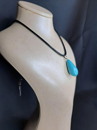 MRYart Mavi Turkuaz Taşı ve Suni Deri ip Kolye