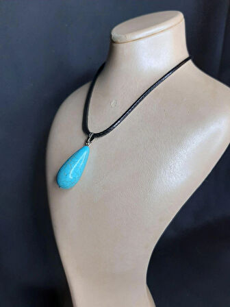 MRYart Mavi Turkuaz Taşı ve Suni Deri ip Kolye