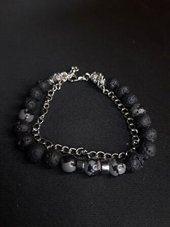 MRYart Siyah Lav Taşı ve Füme Akik Taşlı Zincir Detaylı Ayarlanabilir Şık Bileklik