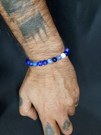 MRYart Mavi Beyaz Mix Akik Taşı Doğal Taş Bileklik Unisex