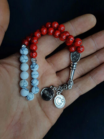 MRYart Kırmızı Beyaz Havlit Taşı Doğal Taş ve Ay Yıldız , Atatürk İmzalı Metal Uçlardan Oluşan Tesbih