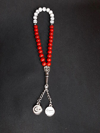 MRYart Kırmızı Beyaz Havlit Taşı Doğal Taş ve Ay Yıldız , Atatürk İmzalı Metal Uçlardan Oluşan Tesbih