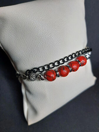 MRYart Kırmızı Havlit Taşı ve Metal Zincirlerden Tasarlanmış Ayarlanabilir Bileklik