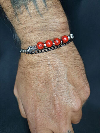 MRYart Kırmızı Havlit Taşı ve Metal Zincirlerden Tasarlanmış Ayarlanabilir Bileklik