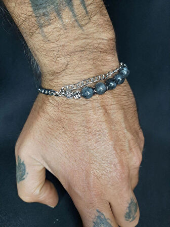 MRYart Gri Labradorit Taşı ve Metal Zincir ile Tasarlanmış Ayarlanabilir Bileklik