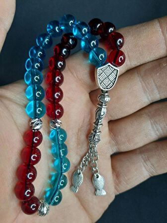 MRYart Bordo Mavi Cam Boncuklar ile Tasarlanmış Balık Detaylı Taraftar Tesbih