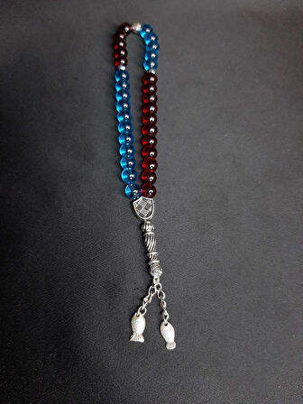 MRYart Bordo Mavi Cam Boncuklar ile Tasarlanmış Balık Detaylı Taraftar Tesbih