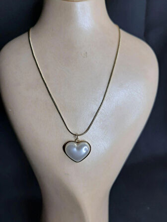 MRYart Kalp İnci Lüks Çelik Kolye Sarı (Paslanmaz Çelik)