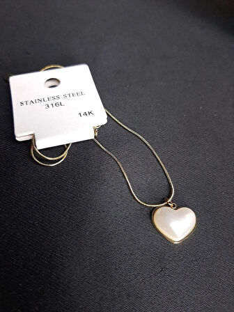 MRYart Kalp İnci Lüks Çelik Kolye Sarı (Paslanmaz Çelik)