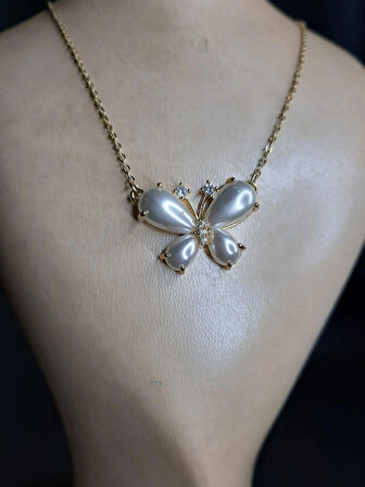 MRYart Kelebek İnci Lüks Çelik Kolye Sarı ( Paslanmaz Çelik )