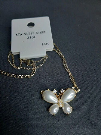 MRYart Kelebek İnci Lüks Çelik Kolye Sarı ( Paslanmaz Çelik )