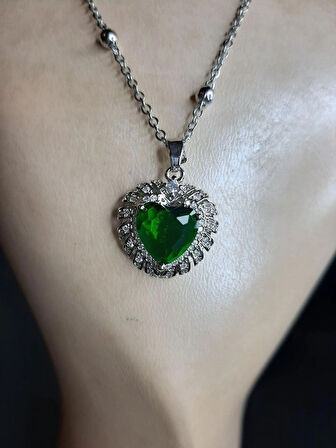MRYart Gümüş Renk Yeşil Taş Kalp Model Top Zincir Çelik Kolye