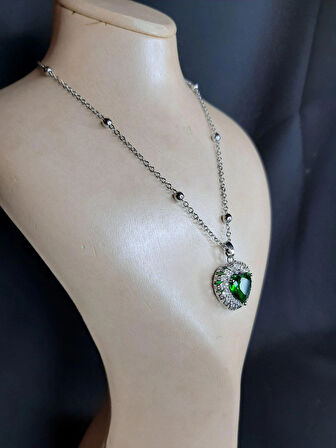 MRYart Gümüş Renk Yeşil Taş Kalp Model Top Zincir Çelik Kolye