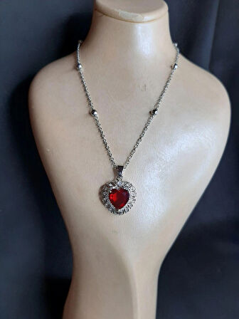MRYart Gümüş Renk Bordo Taş Kalp Model Top Zincir Çelik Kolye