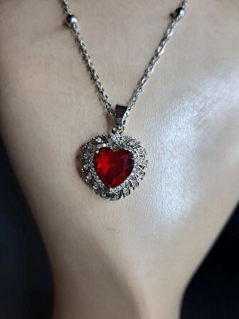 MRYart Gümüş Renk Bordo Taş Kalp Model Top Zincir Çelik Kolye