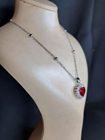 MRYart Gümüş Renk Bordo Taş Kalp Model Top Zincir Çelik Kolye