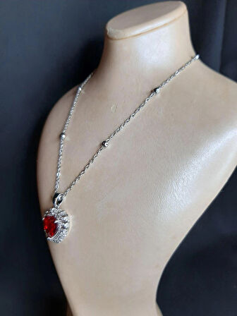 MRYart Gümüş Renk Bordo Taş Kalp Model Top Zincir Çelik Kolye