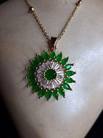 MRYart Altın Renk Yeşil Taş Güneş Model Top Zincir Çelik