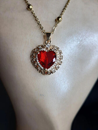 MRYart Altın Renk Kırmızı Kalp Model Top Zincir Çelik Kolye