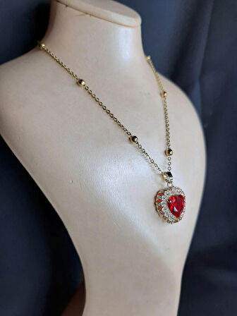 MRYart Altın Renk Kırmızı Kalp Model Top Zincir Çelik Kolye